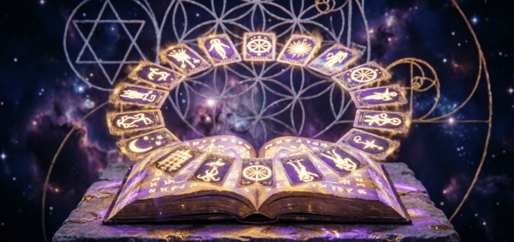 Медитативная карта Гримуара: 22 ключа сознания — раскрытая книга с парящими картами Старших арканов Таро на фоне сакральной геометрии